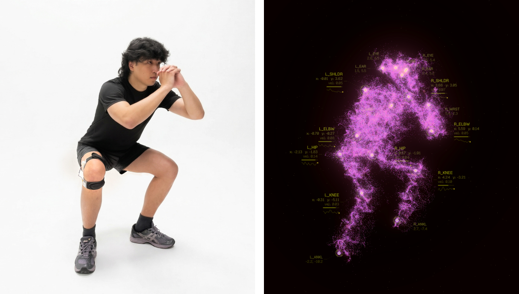 Body and particle visualisation side by side, mid-squat
